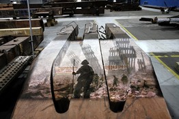 As part of the planned exhibit at the 9/11 Memorial Museum, footage from Ground Zero is projected onto steel from the WTC facade.