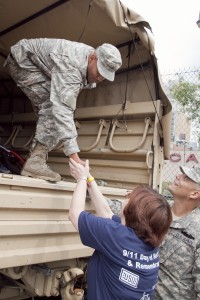 A volunteer shows her gratitude to the National Guard