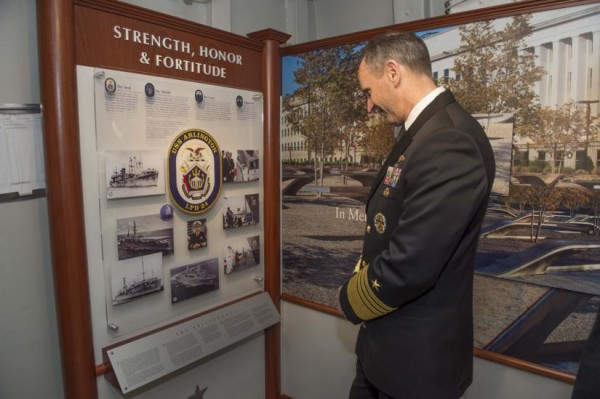Admiral Jonathan Greenert in USS Arlington tribute room (photo courtesy of US Navy)
