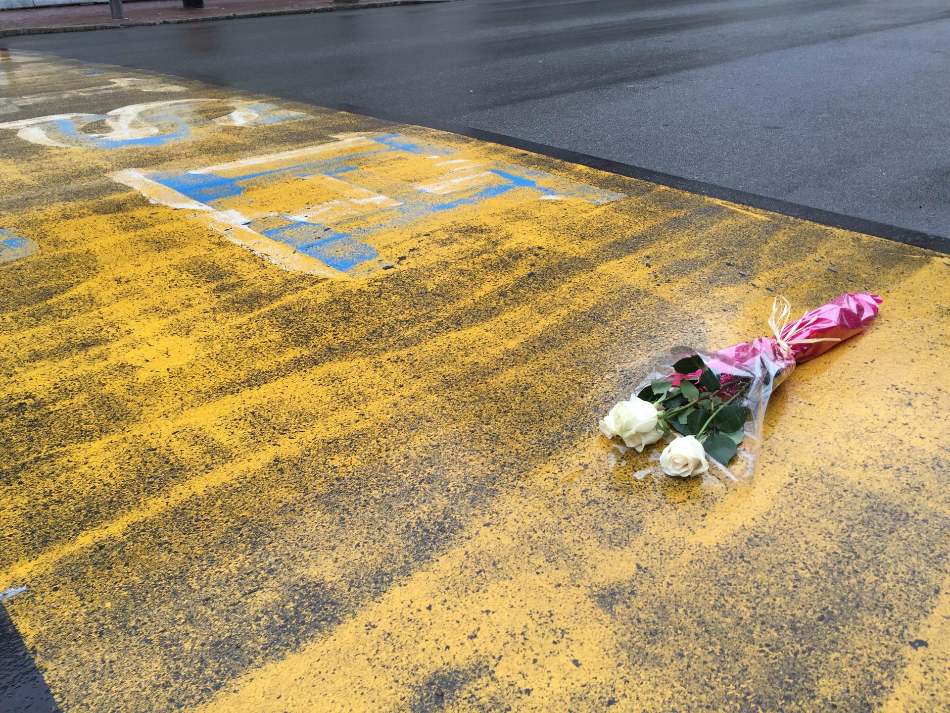 Roses left at bomb site after guilty verdict. Photo Boston Globe