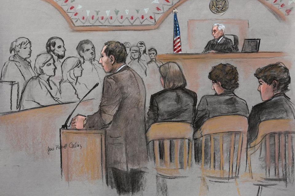 A courtroom sketch depicted prosecutor William Weinreb addressed the jury during closing arguments. Jane Flavell Collins/Reuters