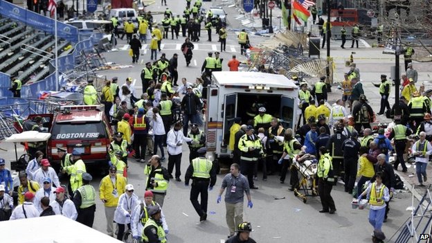 The two homemade bombs ripped through the crowd near the marathon's finish line in April 2013; photo BBC