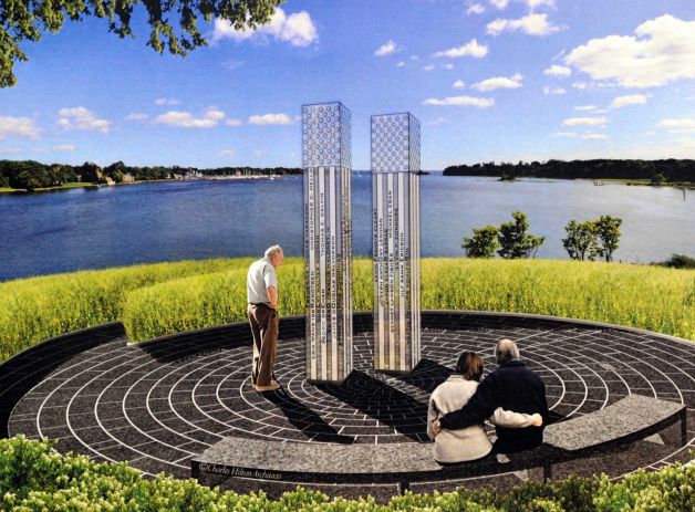 A rendering (looking out toward Cos Cob Harbor) of the proposed September 11th Memorial by Charles Hilton Architects at the Cos Cob Power Plant site. Photo: Bob Luckey