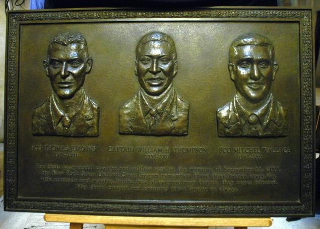 This is the bronze engraving of the three Court Officers who lost their lives on 9/11. They are: Thomas Jurgens, Harry Thompson and Mitchel Wallace. The plaque was unveiled in 2003. Ron Antonelli 