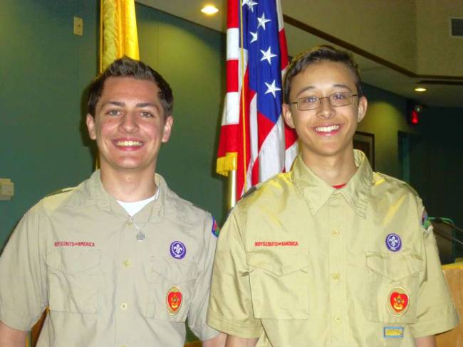 Cameron Poole and Brandon Wong present their Eagle Scout projects to the Montville Township Committee. Photo courtesy of Gail Bottone