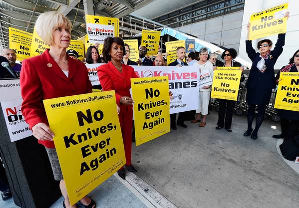 Democratic Reps. Janice Hahn, left, and Maxine Waters protest at LAX earlier this month. (Kevork Djansezian, Getty Images / April 1, 2013)