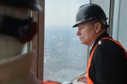 Gen. Frank Grass, chief of the National Guard Bureau, looks out from the top of the Freedom Tower, the building being constructed at the World Trade Center here to replace the Twin Towers destroyed on September 11, 2001. Grass was in New York to visit with representatives of the 9/11 Tribute Center to discuss telling the story of the National Guard's role on September 11, 2001. 1st Lt. Mark Getman