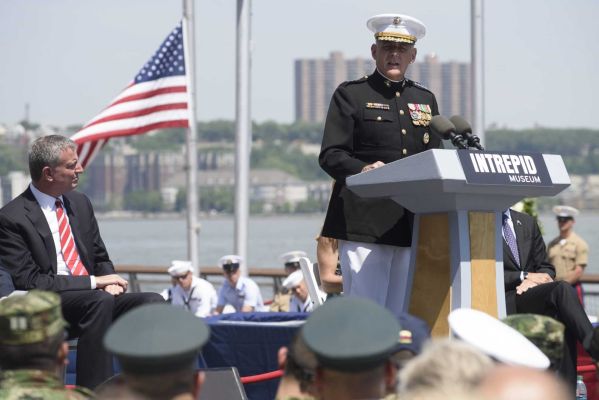 General John F. Kelly, USMC, delivers remarks during a Memorial Day Ceremony at the Intrepid Sea, Air and Space Museum. Photo, Charles Eckert