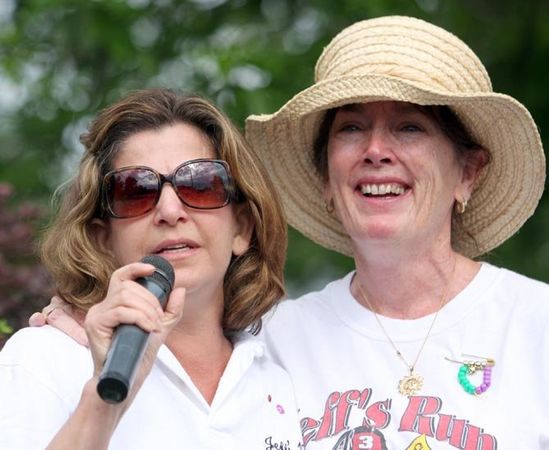 Marie Giordano with her friend Liz Morano at her side as she talks about her late husband, FF Jeff Giordano before she gives the start of Jeff's Run for the last time. (Staten Island Advance/Hilton Flores)
