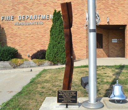 A steel beam from the ruins of the 9/11 tragedy is displayed outside of the Marshalltown Fire Department headquarters. Photo by Andrew Potter