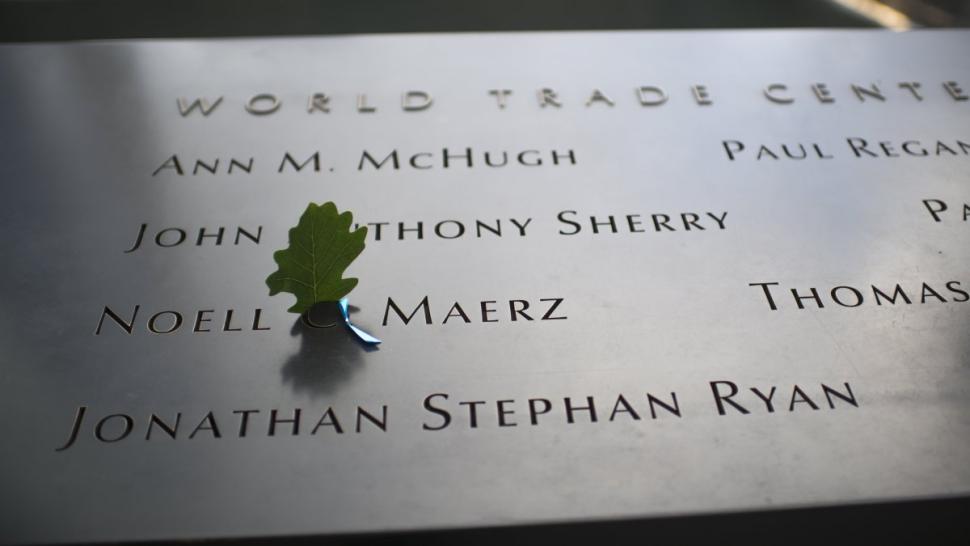 A leaf marks the name etched by the pools of the South Tower for Noell Maerz. Photo by Joe Marino/New York Daily News