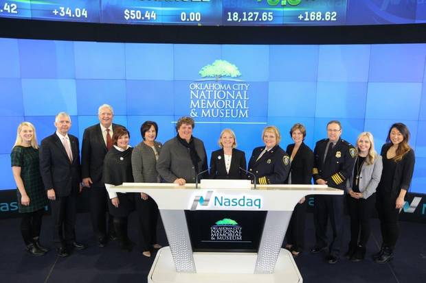 Dignitaries of the Oklahoma City National Memorial & Museum visited the Nasdaq MarketSite in Times Square in recognition of the upcoming 20th anniversary of the bombing. Susan Winchester, chairman of the trustees for the memorial, rang the opening bell Monday in New York accompanied by numerous memorial officials. Photo provided 