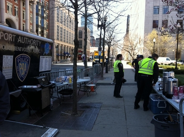 Boston Police officers today took advantage of a mobile canteen set up by the Port Authority Policemen's Benevolent Association near the site of this week's bombings. Port Authority PBA