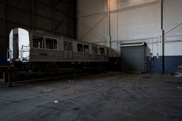 Today, PATH car No. 143 is by itself in a corner of the 1.8-acre hangar. Credit Mark Kauzlarich/The New York Times  