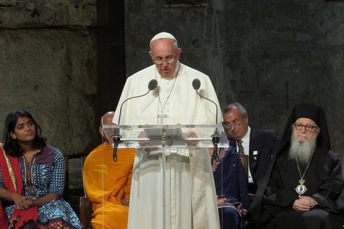 Pope Francis speaks during an interreligious prayer service at the World Trade Center site, September 25, 2015. Credit: Addie Mena, Catholic News Agency