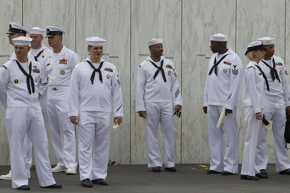 Sailors attend remembrance ceremonies at the Flight 93 National Memorial in Shanksville, Pa. Thursday morning, September 11, 2014. Photo - Mark Pynes Penn Live