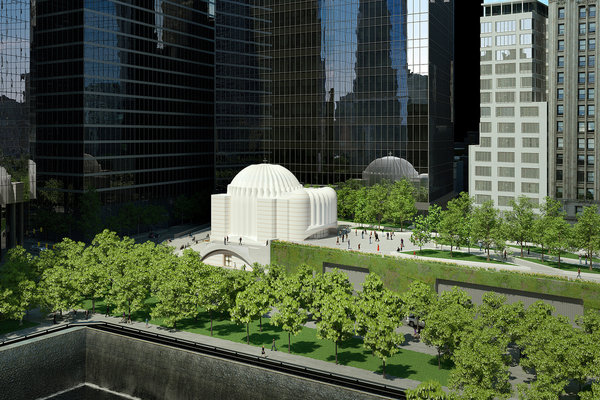 A rendering of the new St. Nicholas Greek Orthodox Church, with conceptual images of a landscaped open space known as Liberty Park. Santiago Calatrava
