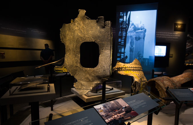 Airplane fragments displayed at the September 11 museum.Credit Damon Winter/The New York Times 
