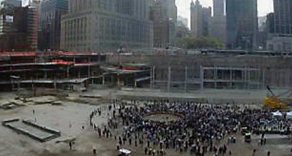 Anniversary ceremony on the site of the World Trade Center before rebuilding began. Photo Irish Examiner