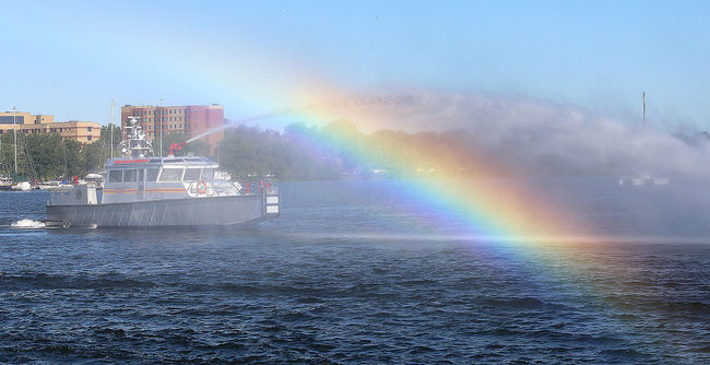 A rainbow is created as the newest fireboat in the New York Fire Department fleet gets tested in Kingston's harbour on Wednesday August 5 2015. The William M Feehan is named after the oldest firefighter to die on Sept. 11 2001. The $4.7 million boat was built in Kingston by Metalcraft Marine. Ian MacAlpine/The Kingston Whig-Standard/Postmedia Network