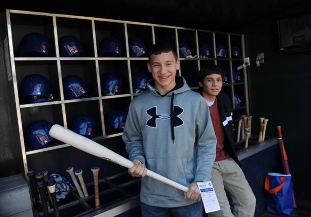 Frank DeVito of Merrick, L.I., (l.) and Mike D'Amadeo of East Patchogue, L.I., are on deck as possible media members as they touch base with Mets. The teens, who both lost family on 9/11, spend a day at Citi Field. Robert Sabo/New York Daily News