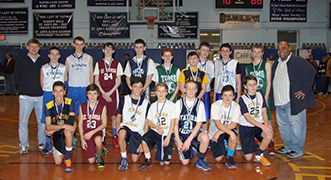 All Star Boys: Andrew Hickey and Jacob Krasznai, St. Catherine of Siena, Trumbull; Jack Soucy and Jack Feeney, Our Lady of Fatima; Nick Lombardi and Brian Noone, Trinity Catholic Middle School, Stamford; Bobby Sullivan and Jack Kelly, St. Theresa, Trumbull; Zachary Hurd and Matt Pinho, All Saints, Norwalk; Adam Stone and Grant Purpura, St. Aloysius, New Canaan; Luke Finnegan, Matty Clarkin, and Max Mulquin, St. Thomas Aquinas, Fairfield; (l) Coach Terry O’Sullivan; (r) coach and pastor Fr. Reggie Norman. Missing from photo: Jack Scholl and Louis Guzzi of St. Thomas.