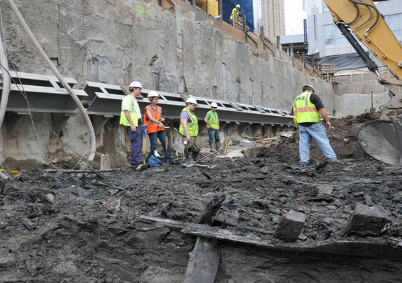 The ship is excavated from the World Trade Center site. Photo courtesy of Lower Manhattan Development Corporation, via Columbia University