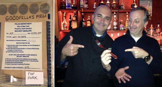 The infamous fork that Mayor Bill de Blasio used to eat pizza, in evidence bag, left, is being given up for auction by Goodfella’s Pizza co-owners Scott and Eric Cosentino. (Staten Island Advance composite)