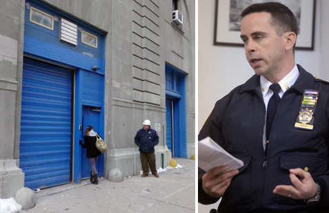 The former stable building, which adjoins the 1st Precinct and is now used as the NYPD's command post for the World Trade Center. Right: Deputy Inspector Kevin Burke, commander of the post, speaks to Community Board 1's Tribeca Committee. Photos: Carl Glassman, Tribeca Trib