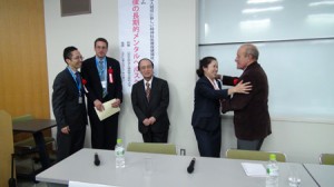 The group participated in two conferences on mental health after disaster. Lee Ielpi gave a moving presentation on recovery after 9/11 at Fukushima Medical University. He is thanking one of the other presenters, Ms. Aiko Yamamoto, Executive Director of the Research Institute of Nursing Care for People and Community at the University of Hyogo.
