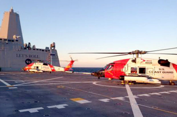  Two U.S. Coast Guard MH-60 Jayhawks were the first helicopters to land on the Somerset's flight deck. (Lt. David Blunier, U.S. Coast Guard) 