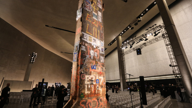 The last column removed from the World Trade Center stands at the center of Foundation Hall where the Pope will preach. (John Munson/The Star-Ledger/Pool)