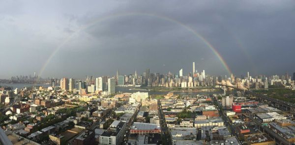 A rainbow near the World Trade Center at 6:30 a.m., Thursday, September 10, 2015. Photo Credit: Ben Sturner