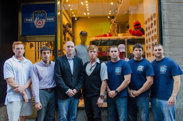 Sons of NYFD first responders — James Tancredi (from left), Scott Barocas, John Sullivan, Michael Sullivan, Robert Sullivan, Lawrence Sullivan Jr. and James Sullivan — have slipped in the line to become firefighters because their fallen fathers died of 9/11 illnesses, which are not considered deaths 'in the line of duty.' David Wexler for New York Daily News