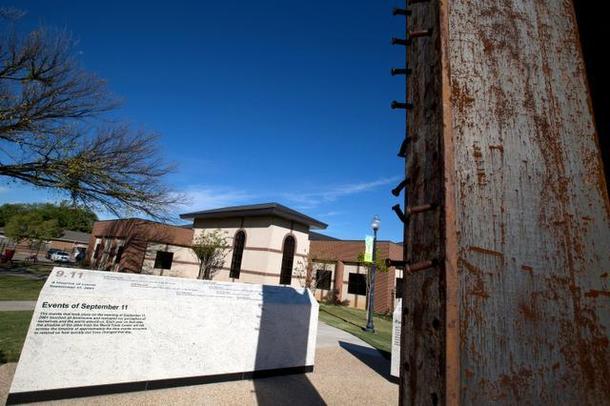 beam from the World Trade Center stands in the 9-11 memorial in Kennedale TownCenter Park; Joyce Marshall, Star-Telegram